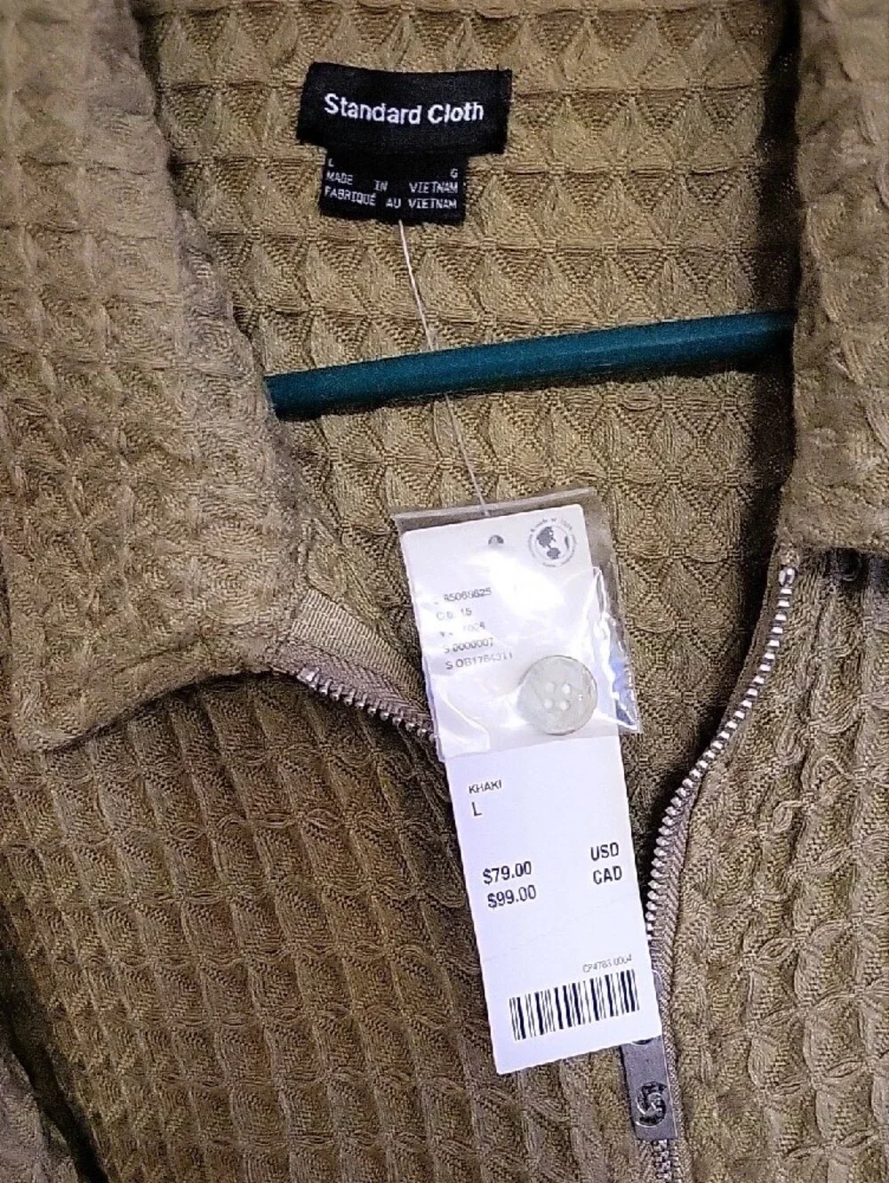 Men's Olive Green Waffle Zip-Up Sweater Jacket Bohemian Retro